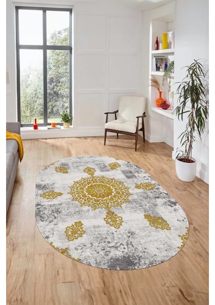 Baskılı Kaymaz Yıkanabilir Oval Koridor Halısı Mutfak Halısı Salon Halısı O-Modern-45-Gold indirimleri