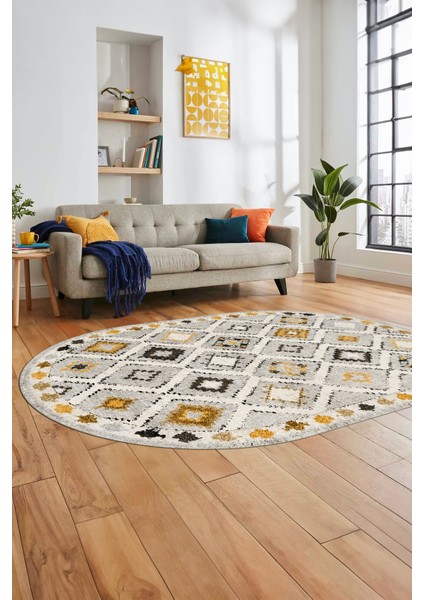 Baskılı Kaymaz Yıkanabilir Etnik Modern Oval Yolluk Mutfak Halısı Salon Halısı O-Modern-60-Sarı modelleri