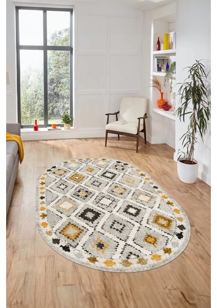 Baskılı Kaymaz Yıkanabilir Etnik Modern Oval Yolluk Mutfak Halısı Salon Halısı O-Modern-60-Sarı fırsatları