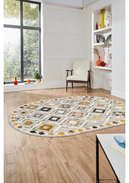 Baskılı Kaymaz Yıkanabilir Etnik Modern Oval Yolluk Mutfak Halısı Salon Halısı O-Modern-60-Sarı indirimleri
