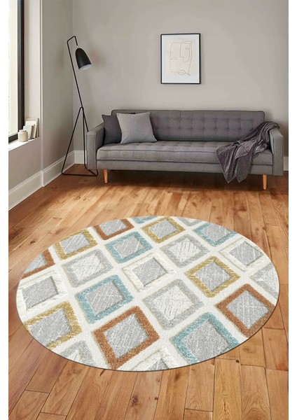 Baskılı Kaymaz Yıkanabilir Baklava Desen Yuvarlak Mutfak Halısı Salon Halısı Y-Modern-66-Renkli fırsatları