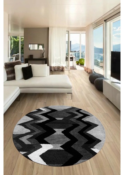 Etnik Modern Desen Dijital Kaymaz Yıkanabilir Yuvarlak Mutfak Salon Halısı Y-Modern-24-Antrasit