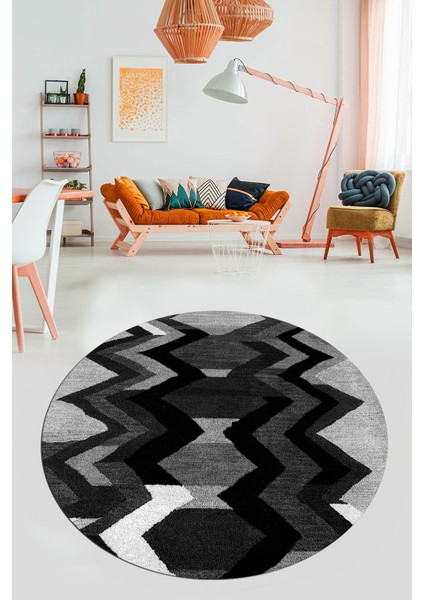 Etnik Modern Desen Dijital Kaymaz Yıkanabilir Yuvarlak Mutfak Salon Halısı Y-Modern-24-Antrasit modelleri