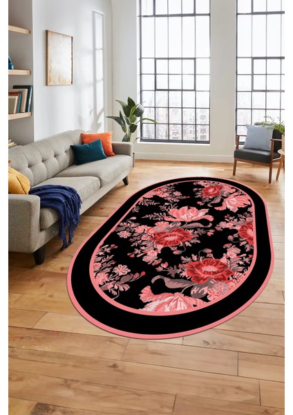 Çiçek Desenli Dijital Kaymaz Yıkanabilir Oval Yolluk Mutfak Salon Halısı O-Modern-16-Pembe fırsatları