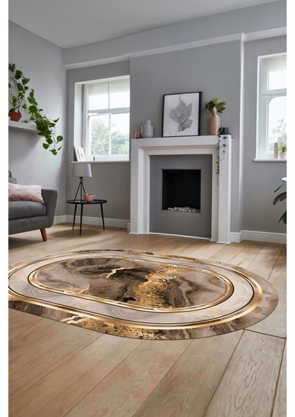 Baskılı Kaymaz Yıkanabilir Modern Mermer Desen Oval Yolluk Salon Halısı O-Modern-46-Kahve