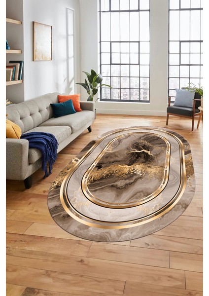 Baskılı Kaymaz Yıkanabilir Modern Mermer Desen Oval Yolluk Salon Halısı O-Modern-46-Kahve fiyatları