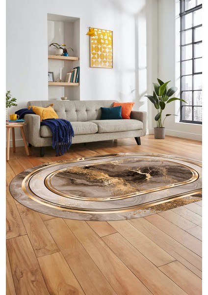 Baskılı Kaymaz Yıkanabilir Modern Mermer Desen Oval Yolluk Salon Halısı O-Modern-46-Kahve modelleri