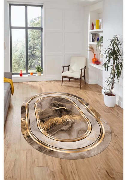 Baskılı Kaymaz Yıkanabilir Modern Mermer Desen Oval Yolluk Salon Halısı O-Modern-46-Kahve fırsatları