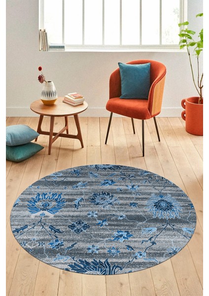 Modern Etnik Desen Dijital Kaymaz Yıkanabilir Yuvarlak Mutfak Salon Halısı Y-Modern-30-Mavi fiyatları