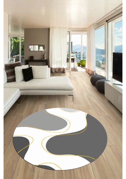 Baskılı Kaymaz Taban Yıkanabilir Modern Yuvarlak Mutfak Salon Halısı Y-MODERN-120-GRİ
