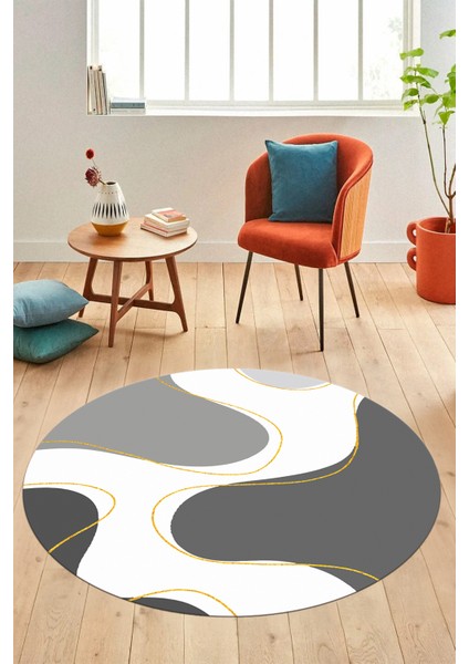 Baskılı Kaymaz Taban Yıkanabilir Modern Yuvarlak Mutfak Salon Halısı Y-MODERN-120-GRİ