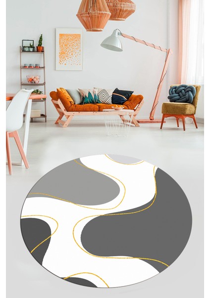 Baskılı Kaymaz Taban Yıkanabilir Modern Yuvarlak Mutfak Salon Halısı Y-MODERN-120-GRİ