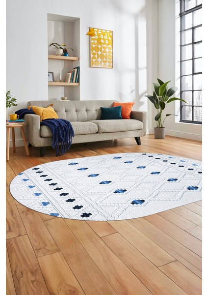 Baskılı Kaymaz Yıkanabilir Şık Kilim Desen Oval Yolluk Halısı Salon Halısı O-Modern-65-Mavi fiyatları