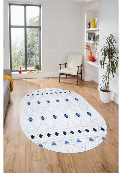 Baskılı Kaymaz Yıkanabilir Şık Kilim Desen Oval Yolluk Halısı Salon Halısı O-Modern-65-Mavi modelleri