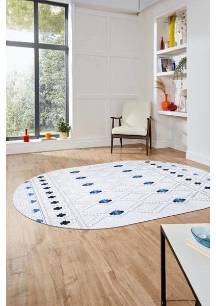 Baskılı Kaymaz Yıkanabilir Şık Kilim Desen Oval Yolluk Halısı Salon Halısı O-Modern-65-Mavi fırsatları