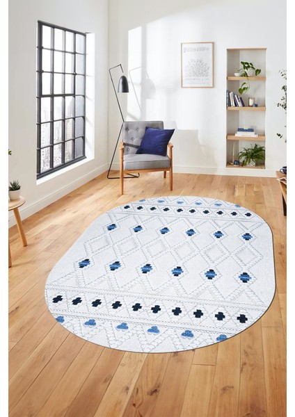 Baskılı Kaymaz Yıkanabilir Şık Kilim Desen Oval Yolluk Halısı Salon Halısı O-Modern-65-Mavi indirimleri