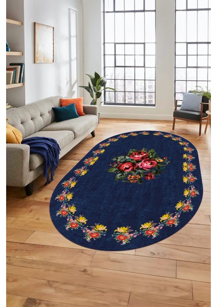 Modern Çiçek Dijital Kaymaz Yıkanabilir Oval Yolluk Mutfak Salon Halısı O-Modern-20-Mavi fırsatları