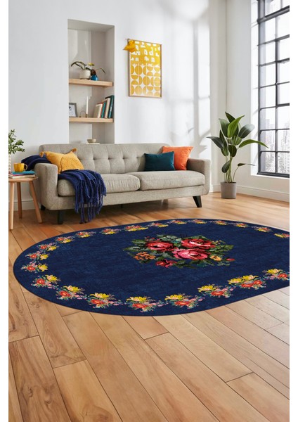 Modern Çiçek Dijital Kaymaz Yıkanabilir Oval Yolluk Mutfak Salon Halısı O-Modern-20-Mavi indirimleri