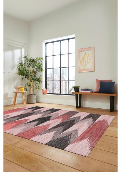 Renkli Desen Baskılı Kaymaz Taban Yıkanabilir Modern Yolluk Salon Halısı MODERN-104-PEMBE fırsatları
