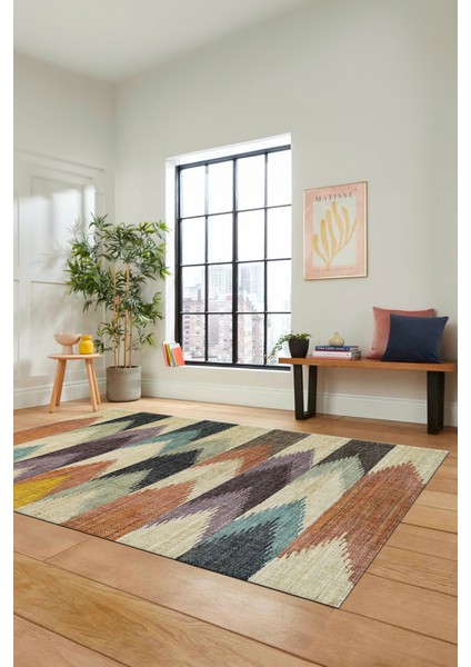 Renkli Desen Baskılı Kaymaz Taban Yıkanabilir Modern Yolluk Salon Halısı MODERN-104-RENKLİ fırsatları