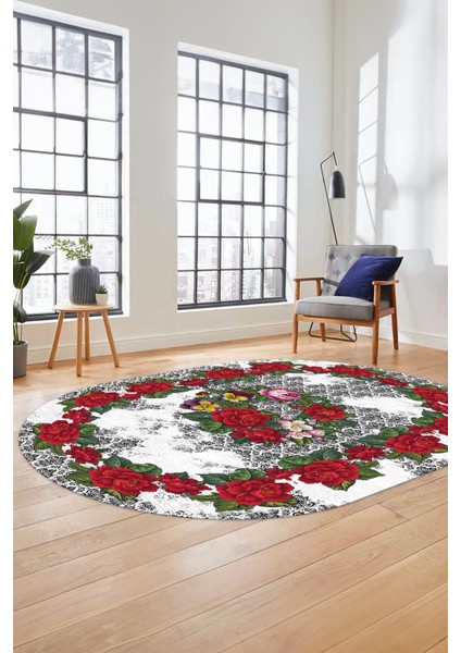 Modern Çiçek Dijital Kaymaz Yıkanabilir Oval Yolluk Mutfak Salon Halısı O-Modern-21-Beyaz
