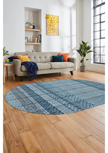 Baskılı Kaymaz Yıkanabilir Şık Kilim Desen Oval Yolluk Halısı Salon Halısı O-Modern-70-Mavi fiyatları