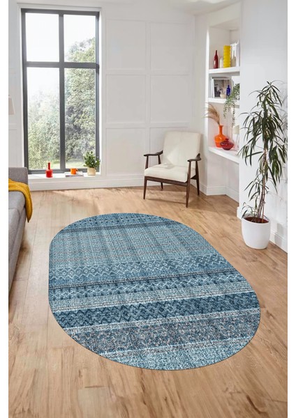 Baskılı Kaymaz Yıkanabilir Şık Kilim Desen Oval Yolluk Halısı Salon Halısı O-Modern-70-Mavi modelleri