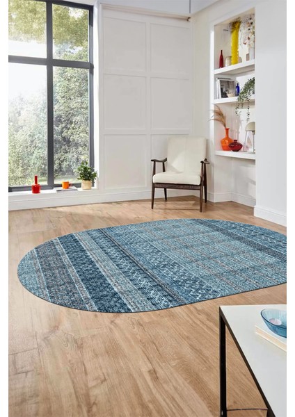 Baskılı Kaymaz Yıkanabilir Şık Kilim Desen Oval Yolluk Halısı Salon Halısı O-Modern-70-Mavi fırsatları
