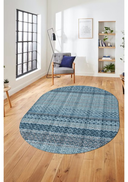 Baskılı Kaymaz Yıkanabilir Şık Kilim Desen Oval Yolluk Halısı Salon Halısı O-Modern-70-Mavi indirimleri