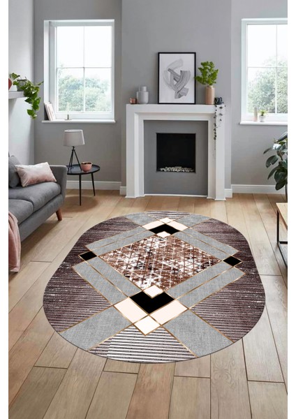 Şık Modern Desenli Dijital Kaymaz Yıkanabilir Oval Yolluk Mutfak Salon Halısı O-Modern-12-Bordo modelleri