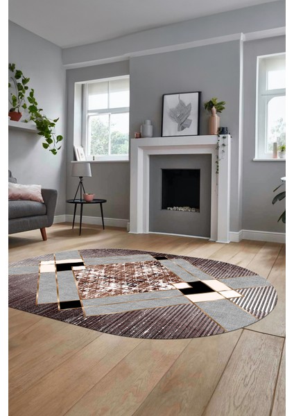 Şık Modern Desenli Dijital Kaymaz Yıkanabilir Oval Yolluk Mutfak Salon Halısı O-Modern-12-Bordo fırsatları