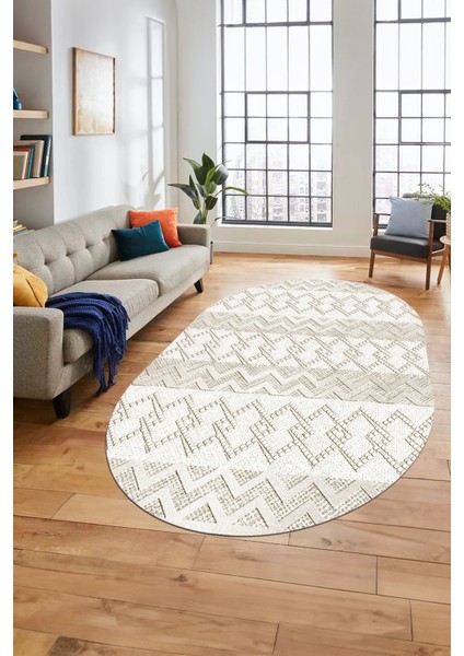 Baskılı Kaymaz Yıkanabilir Şık Oval Koridor Halısı Mutfak Halısı Salon Halısı O-Modern-56-Krem fiyatları