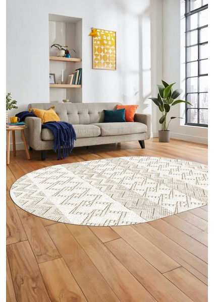 Baskılı Kaymaz Yıkanabilir Şık Oval Koridor Halısı Mutfak Halısı Salon Halısı O-Modern-56-Krem modelleri