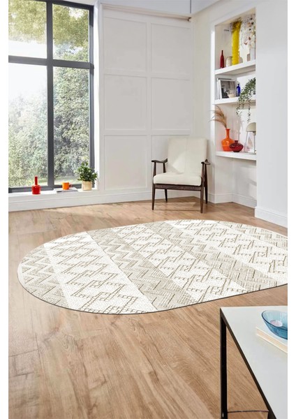 Baskılı Kaymaz Yıkanabilir Şık Oval Koridor Halısı Mutfak Halısı Salon Halısı O-Modern-56-Krem indirimleri