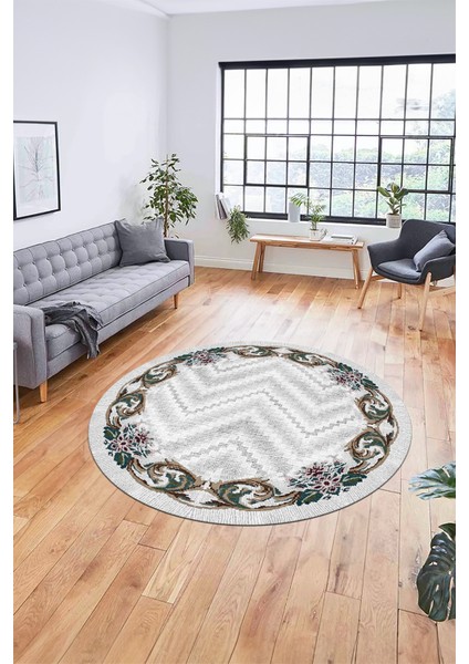 Baskılı Kaymaz Yıkanabilir Modern Çiçekli Desen Yuvarlak Salon Halısı Y-Modern-49-Renkli
