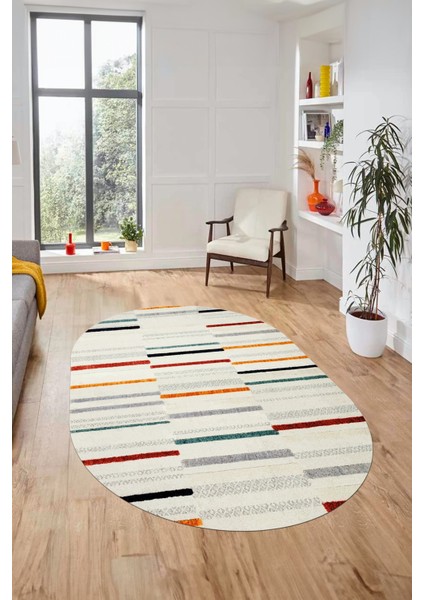 Şık Sade Kilim Desenli Dijital Kaymaz Yıkanabilir Oval Yolluk Mutfak Salon Halısı O-Modern-74-Renkli modelleri