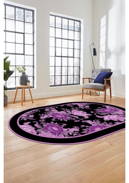 Çiçek Desenli Dijital Kaymaz Yıkanabilir Oval Yolluk Mutfak Salon Halısı O-Modern-16-Mor