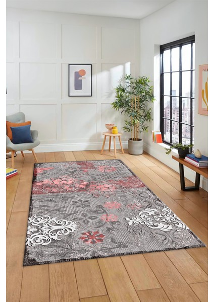 Çiçekli Modern Desenli Dijital Kaymaz Yıkanabilir Yolluk Mutfak Salon Halısı Modern-15-Pembe