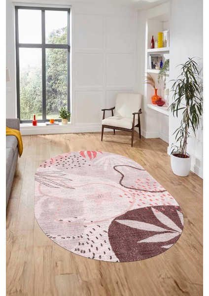 Yaprak Desen Modern Tasarım Dijital Kaymaz Yıkanabilir Oval Yolluk Salon Halısı O-Modern-79-Pembe fiyatları