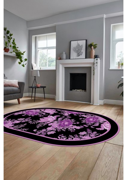 Çiçek Desenli Dijital Kaymaz Yıkanabilir Oval Yolluk Mutfak Salon Halısı O-Modern-16-Mor modelleri