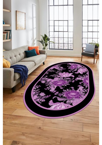 Çiçek Desenli Dijital Kaymaz Yıkanabilir Oval Yolluk Mutfak Salon Halısı O-Modern-16-Mor fırsatları