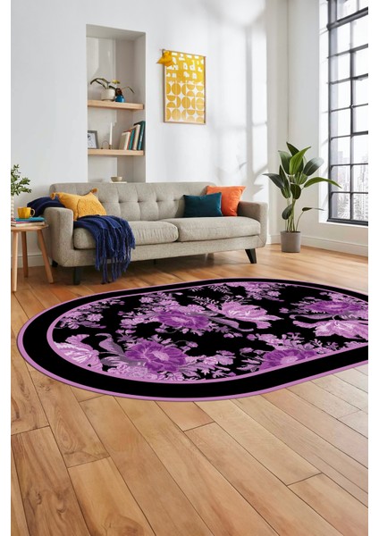 Çiçek Desenli Dijital Kaymaz Yıkanabilir Oval Yolluk Mutfak Salon Halısı O-Modern-16-Mor indirimleri