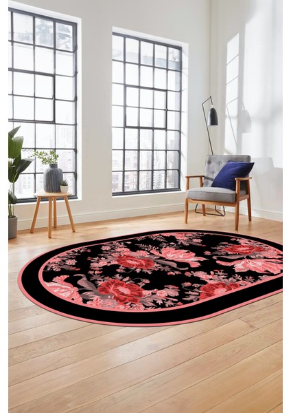 Çiçek Desenli Dijital Kaymaz Yıkanabilir Oval Yolluk Mutfak Salon Halısı O-Modern-16-Pembe