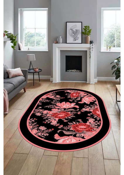Çiçek Desenli Dijital Kaymaz Yıkanabilir Oval Yolluk Mutfak Salon Halısı O-Modern-16-Pembe