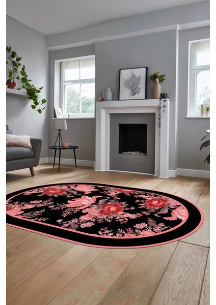 Çiçek Desenli Dijital Kaymaz Yıkanabilir Oval Yolluk Mutfak Salon Halısı O-Modern-16-Pembe