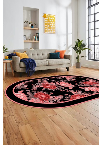 Çiçek Desenli Dijital Kaymaz Yıkanabilir Oval Yolluk Mutfak Salon Halısı O-Modern-16-Pembe