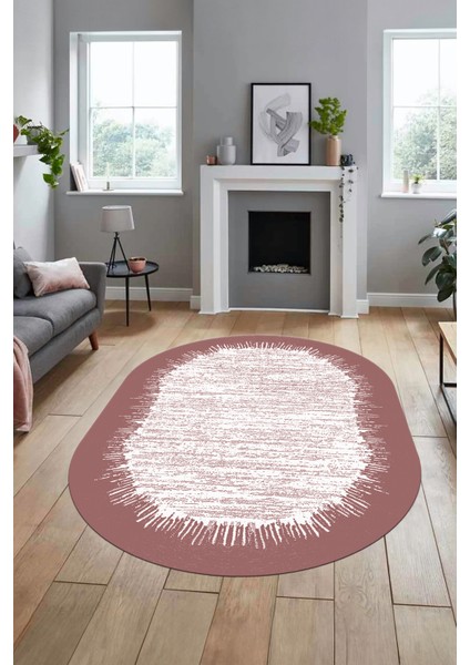 Baskılı Kaymaz Yıkanabilir Sade Desen Oval Yolluk Mutfak Salon Halısı O-Modern-43-Pembe