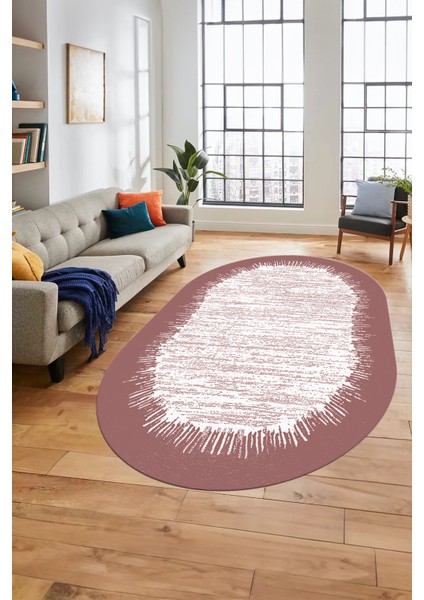 Baskılı Kaymaz Yıkanabilir Sade Desen Oval Yolluk Mutfak Salon Halısı O-Modern-43-Pembe modelleri