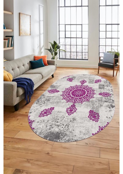 Baskılı Kaymaz Yıkanabilir Oval Koridor Halısı Mutfak Halısı Salon Halısı O-Modern-45-Mor modelleri