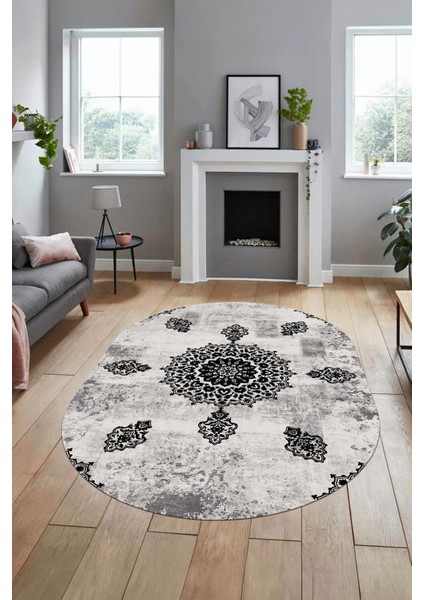 Baskılı Kaymaz Yıkanabilir Oval Koridor Halısı Mutfak Halısı Salon Halısı O-Modern-45-Siyah
